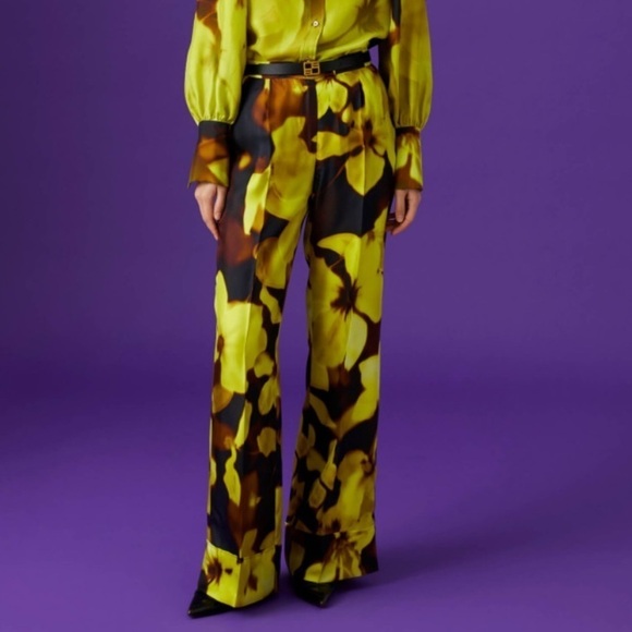 Beatrice B- NWT Neon Blurred Floral Silk Wide Leg Trousers - Picture 3 of 9
